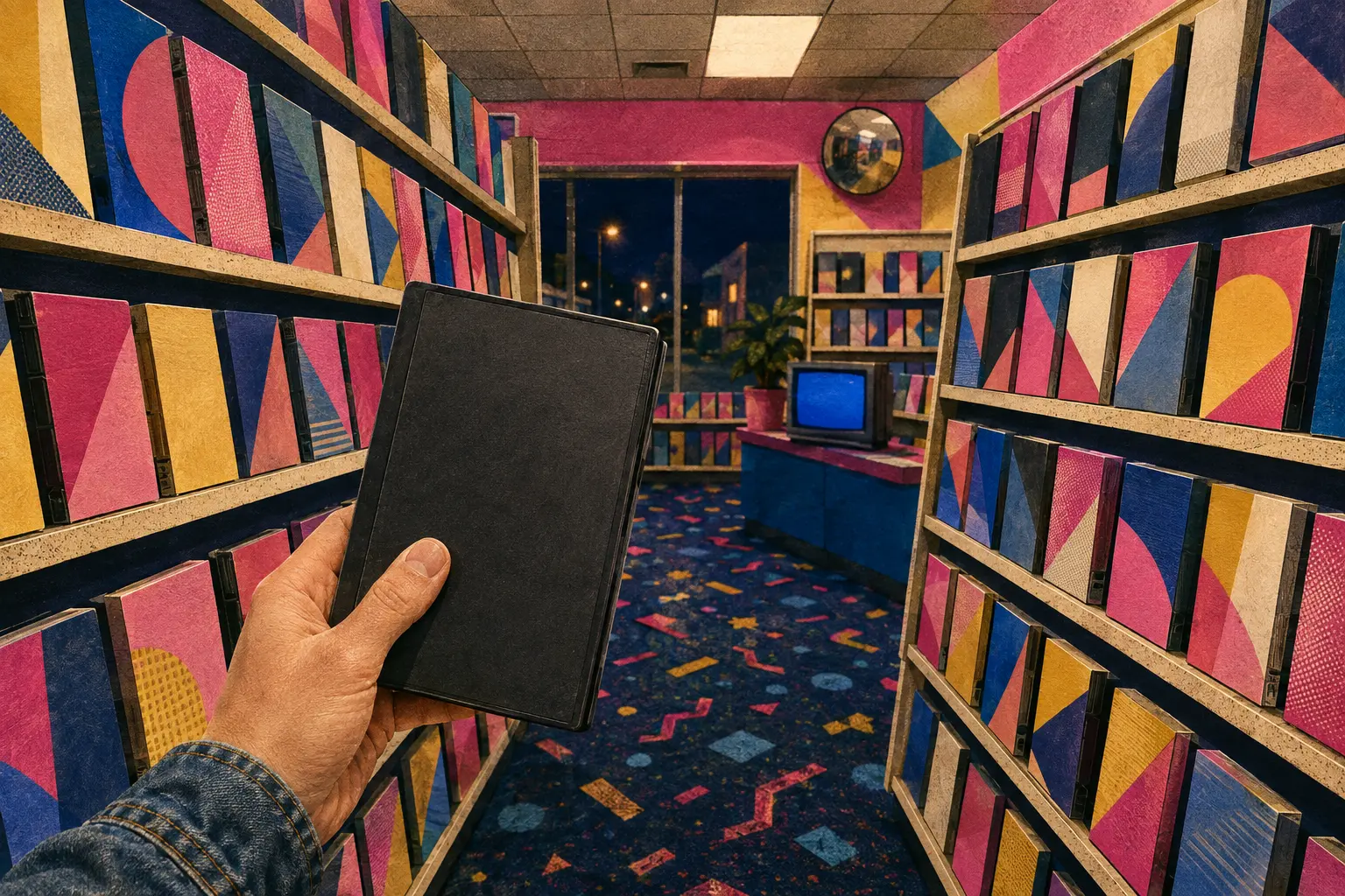 A colorful fictional neighborhood video-store aisle